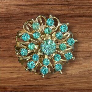 Vintage Gold-Tone Floral Brooch With Aqua Rhinestones & Pin Back